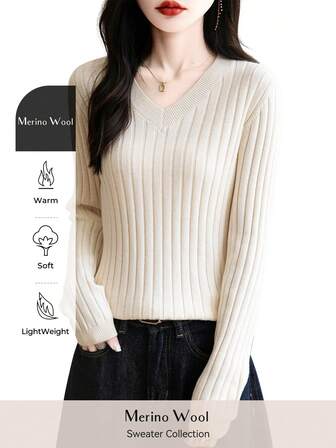 女式 V 领美利奴羊毛 T 恤秋季经典复古麻花图案保暖长袖针织上衣