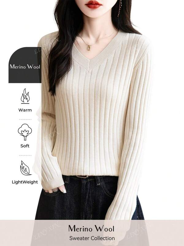 Camiseta de lana merina con cuello en V para mujer, clásica de otoño, vintage, de cable, cálida, de manga larga, tops de punto