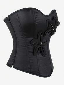 纯色紧身胸衣上衣，优雅的骨架紧身胸衣，无肩带塑身内衣，系带后背，修身紧身胸衣短款上衣，适合万圣节 - 黑色 - 查看 4