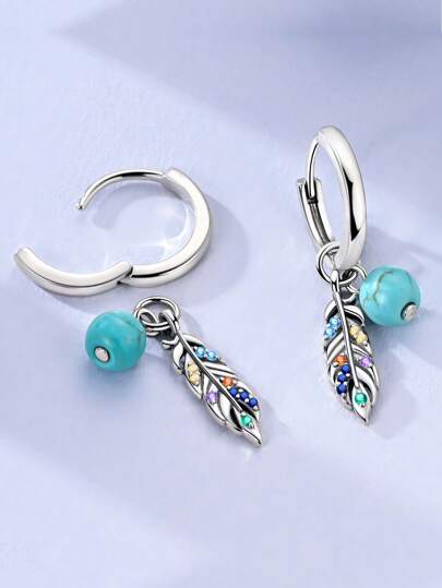 1 par de pendientes de aro de plata de ley 925 con diseño original para mujer, con forma de pluma, brillo, turquesa, circonita cúbica colorida, elegantes, regalos de joyería que se adaptan al uso diario, de fiesta y de compras