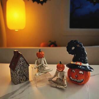 1pc Halloween Pumpkin, Haunted House Candle Holder, Skull Pumpkin Decor, Halloween Home Decoration And Party Supplies