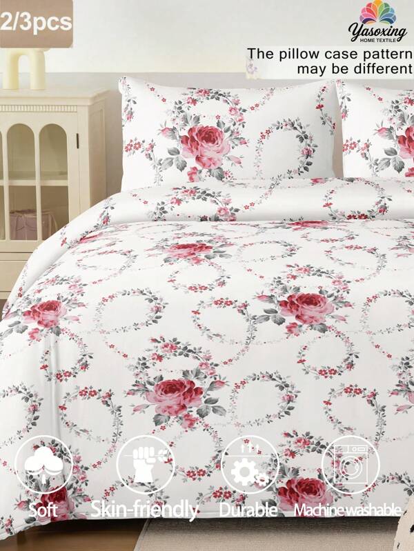 2/3 pièces/Ensemble Parure de couette motif fleurs de rose et feuilles vertes. Microfibre douce et facile d'entretien. Respirante et sans froissage, idéale pour un meilleur sommeil. Style hôtel de luxe. Cadeau pour maman, papa, ami(e). Couette*1 Taie d'oreiller*1/2 Tailles King, Queen, Full, Twin