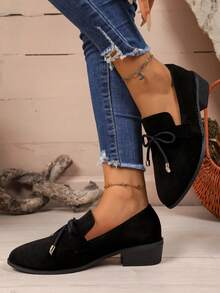 女士新款仿麂皮面料乐福鞋，系带蝴蝶结装饰尖头粗跟玛丽珍鞋，英伦风格皮革平底鞋，舒适粗跟工作鞋，纯色优雅百搭浅口鞋 - 黑色 - 查看 5