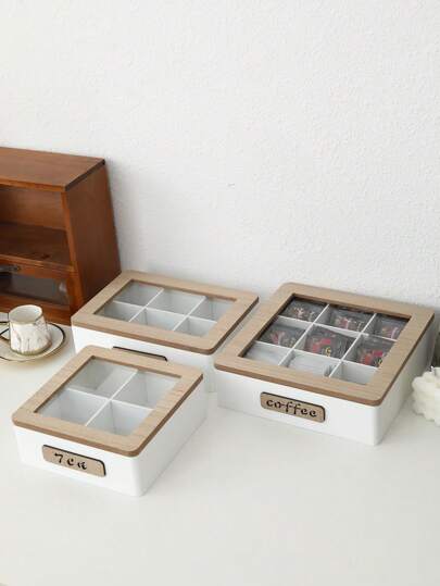 1pc White Wooden Tea Box, 4/6/9 Compartments Tea Bag Organizer, Coffee Bag Storage Box With Glass Display Window, Suitable For Tea Room, Coffee Shop, Pantry, Living Room, Dining Room