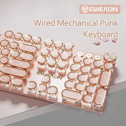 Teclado mecánico de juego con estilo punk de EWEADN, panel de metal completo de 104 teclas, teclas redondas retro punk con retroiluminación LED, perilla multimedia, diseño ergonómico para juegos y oficina, para Windows, portátil, PC, periféricos rosas