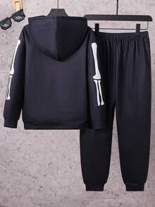 2 Stück Jungen Skelett Muster Hoodie Sweatshirt und Jogginghose Set, Halloween Party Outfit, geeignet für Frühling, Herbst, früher Winter - Schwarz - Übersicht 8