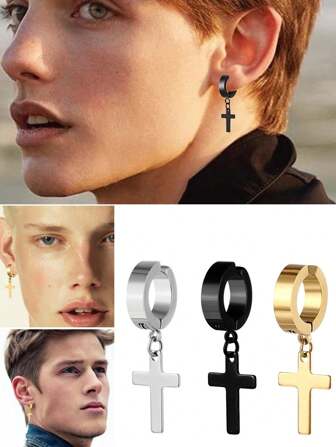3 pezzi di orecchini a molletta in acciaio inossidabile senza foratura, pendenti a croce, orecchini a molletta alla moda per uomo