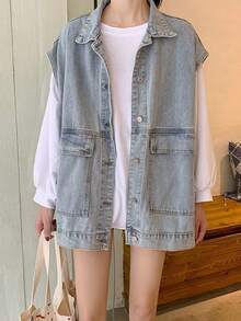 Las mujeres de mezclilla chaleco suelto fuera de desgaste versátil versión coreana de los hombros sin mangas ropa de trabajo chaqueta de mezclilla - Azul - Ver 6