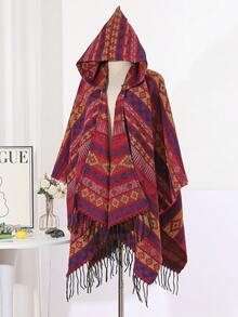 1pc Autumn/Winter Tassel Geometric Pattern Hooded Unisex Cape Shawl Outerwear For Daily Wear And Travel - Multicolor - View 16