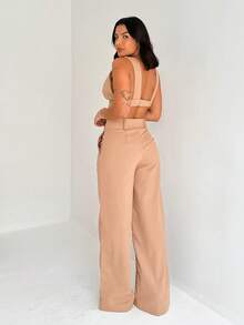 Thick Strap Top And Wide Leg Linen Pants Set - Beis - Ver 3
