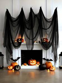 1pc Spooky Black Gauze Curtain For Halloween - Perfect For Haunted House, Nightclub, And Escape Room Decorations, Polyester Fabric, Halloween Decorations, Storage & Organization For Home & Garage - Black - View 1