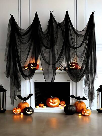 1 件万圣节恐怖黑色纱帘 - 非常适合鬼屋、夜总会和密室装饰、涤纶面料、万圣节装饰、家庭和车库的存储和整理