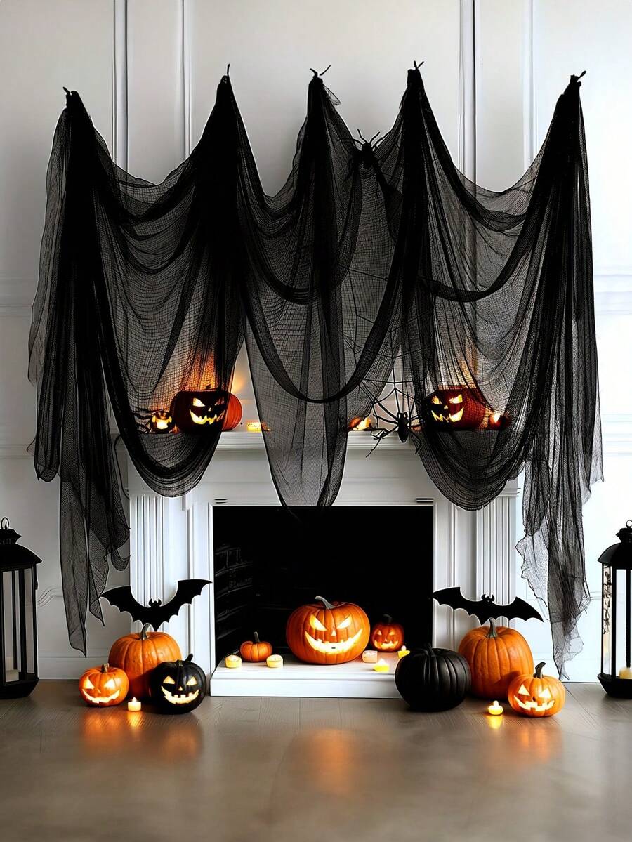1pc Spooky Black Gauze Curtain For Halloween - Perfect For Haunted House, Nightclub, And Escape Room Decorations, Polyester Fabric, Halloween Decorations, Storage & Organization For Home & Garage - Black - View 1