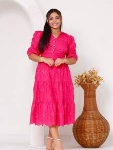 Women's Midi Dress With Embroidered Laise, All-Over Print, Embroidery, Button, Ruffle, Gathered, Formal And Evening - Pink 3d - View 1