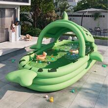 1 个充气鲨鱼主题大型游泳池 - 适合夏季降温，非常适合户外家庭水上派对，采用 PVC 材料制成