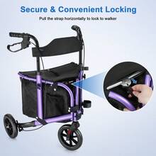 WALK MATE Andador con ruedas de 3 ruedas y 8 pulgadas de aluminio, plegable y ligero, con asiento y respaldo, bolsa - Morado - Ver 4