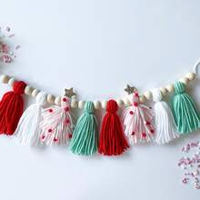Handmade Christmas Tree Knitted Nordic Style Green & Red Pom Pom Tassel Woven Bohemian Hanging Ornament, Wall Decor Christmas Decoration Home Decor Christmas Decorations Room Decor