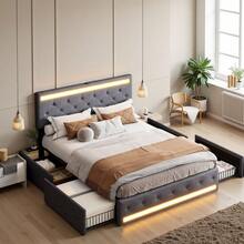 Double Bed, 140 X 200 Cm, Storage Bed With 4 Drawers, Bed Frame With Adjustable Headboard And Slatted Frame, Storage Bed, Youth Bed, Dark Grey, Skin-Friendly Bed Linen (Mattress Not Included) - 灰色 - 查看 3