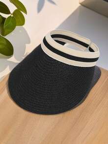 1pc Pure Black Outdoor Beach Sun Protective French Style Straw Hat, Suitable For Vacation And Travel - Black - View 1
