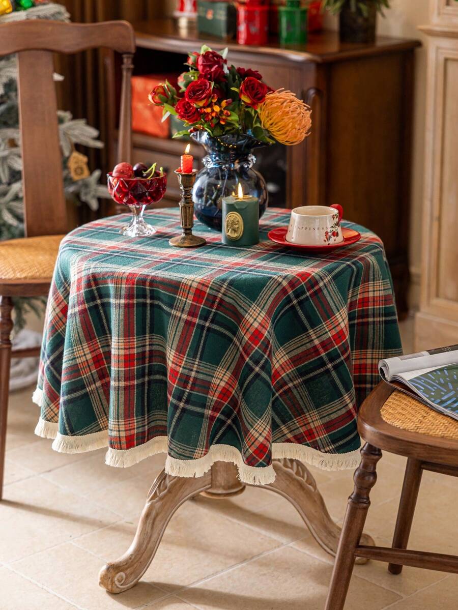 Cirelle 1pc Round Christmas Tablecloth, Classic Red & Green Plaid, Suitable For Christmas, Weddings, Parties And Other Dining Table Decor