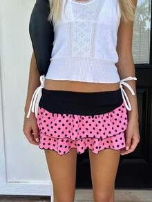 Layered Ruffle Mini Skirt For Women Summer Dots/Stripe/Heart Print/Solid Color High Waist Short Skirts - Bright Pink - View 2