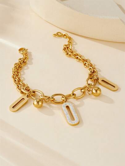 1pc Stainless Steel Rhinestone Decor Versatile Gold Bracelet, Suitable For Daily Wear And Gift