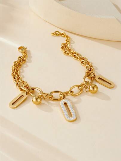 1pc Stainless Steel Rhinestone Decor Versatile Gold Bracelet, Suitable For Daily Wear And Gift