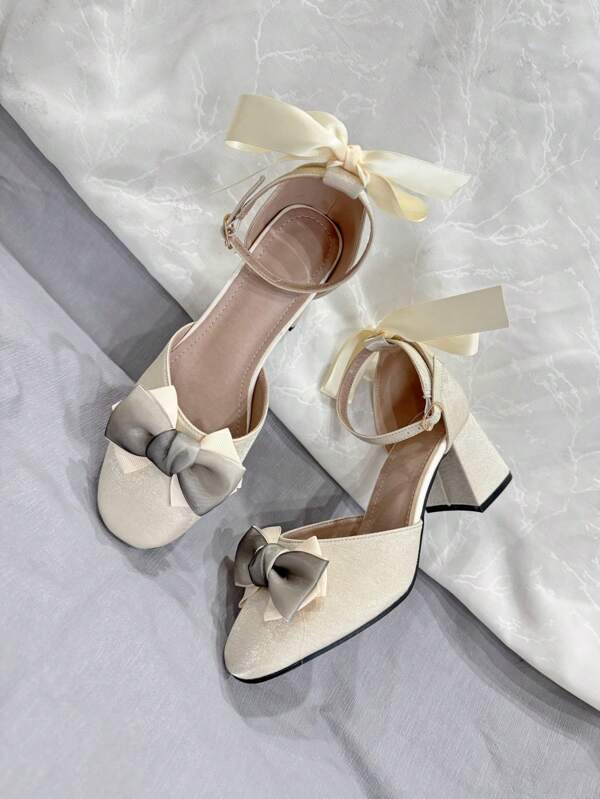 Tacones altos elegantes para mujer con punta cuadrada y tacón grueso, decorados con moño y diseño de cinta, versátiles para uso diario, vestidos románticos, para todas las estaciones