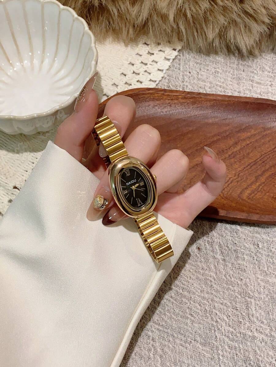 1 件椭圆形竹节表带女士手表，可调节金色表带，优雅百搭的石英腕表，适合日常佩戴，是理想的日常搭配礼物。 - 金色 - 查看 1