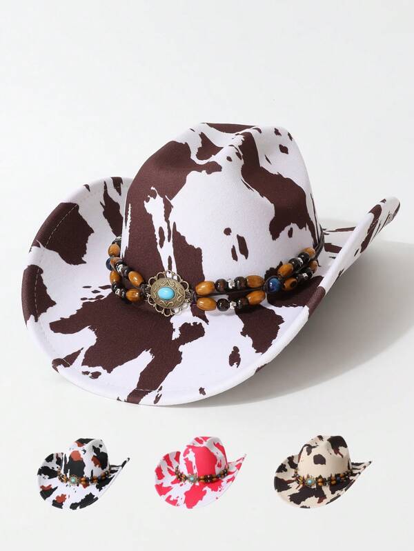 1 pieza Sombrero de mujer con cuentas de madera y decoración de estampado de vaca, sombrero de vaquero occidental, sombrero fedora minimalista de moda unisex, adecuado para uso diario, fiestas, eventos con temática occidental, cosplay, festivales de música
