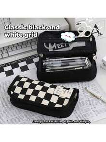 1 Túi đựng bút hình bàn cờ, Trong suốt chống thấm nước, Đen Xanh Hồng, 2 lớp, Thẩm mỹ, Túi đựng bút, Túi đựng văn phòng phẩm, Đồ dùng học tập cho học sinh trở lại trường - màu đen - Xem 9