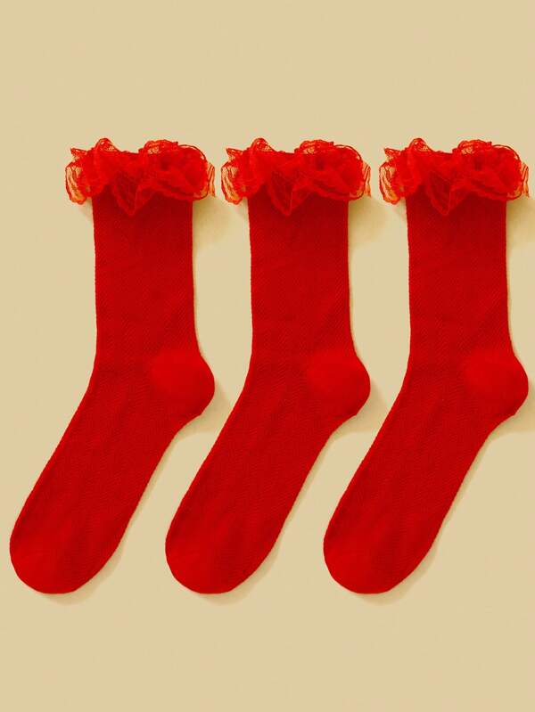 1/3 Pairs Girls/Teens Red Holiday Comfortable Striped Reinforced Breathable Lace Trim Crew Socks, Back To School Season