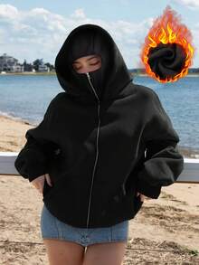 女士秋季返校双连帽开衫卫衣，时尚街中国龙印花双连帽开衫，黑色 - 黑色 - 查看 5