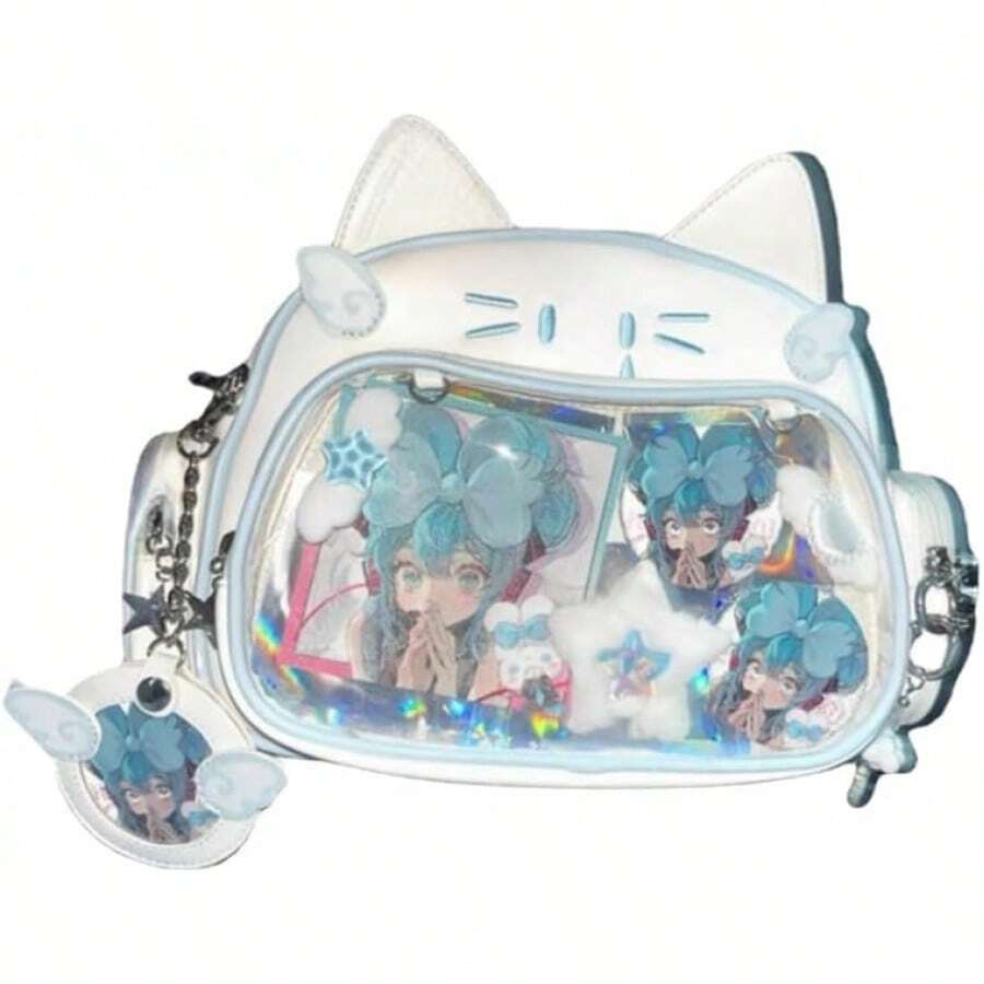 White Ita Bag For Pins, Cute Cat Design Backpack, Convertible Single Shoulder Or Crossbody Bag For School, Y2K Preppy Aesthetic - Túi trắng - Xem 1