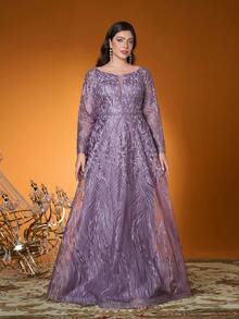 Đầm dạ hội dài tay cổ tròn thêu ren tương phản đính cườm, chất liệu da cao cấp, hàng mới về dành cho nữ, thích hợp cho ngày Valentine. - Bụi hồng - Xem 1