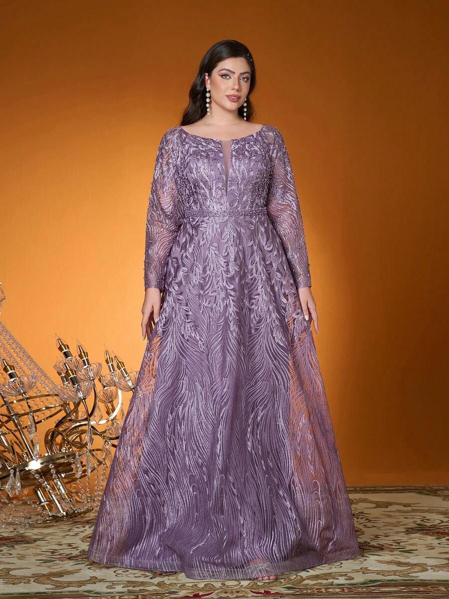 Đầm dạ hội dài tay cổ tròn thêu ren tương phản đính cườm, chất liệu da cao cấp, hàng mới về dành cho nữ, thích hợp cho ngày Valentine. - Bụi hồng - Xem 1