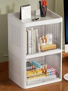 多功能组装可折叠桌面双门化妆品收纳盒，大容量防水防尘塑料收纳盒，大尺寸可放梳妆台，美甲工具、指甲油、胶水收纳架，适用于浴室梳妆台，用于存放口红、刷子、乳液、眼影等浴室配件