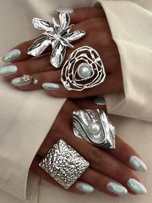 4pcs Vintage Fashion Exaggerated Metallic Geometric Wavy Crinkle Faux Pearl Rings, Unique Sweet Punk Asymmetrical Ellipse Alloy Wrapped Open Ring, Suitable For Women Holiday Party Date Daily Match Gift - 銀色 - 查看 6