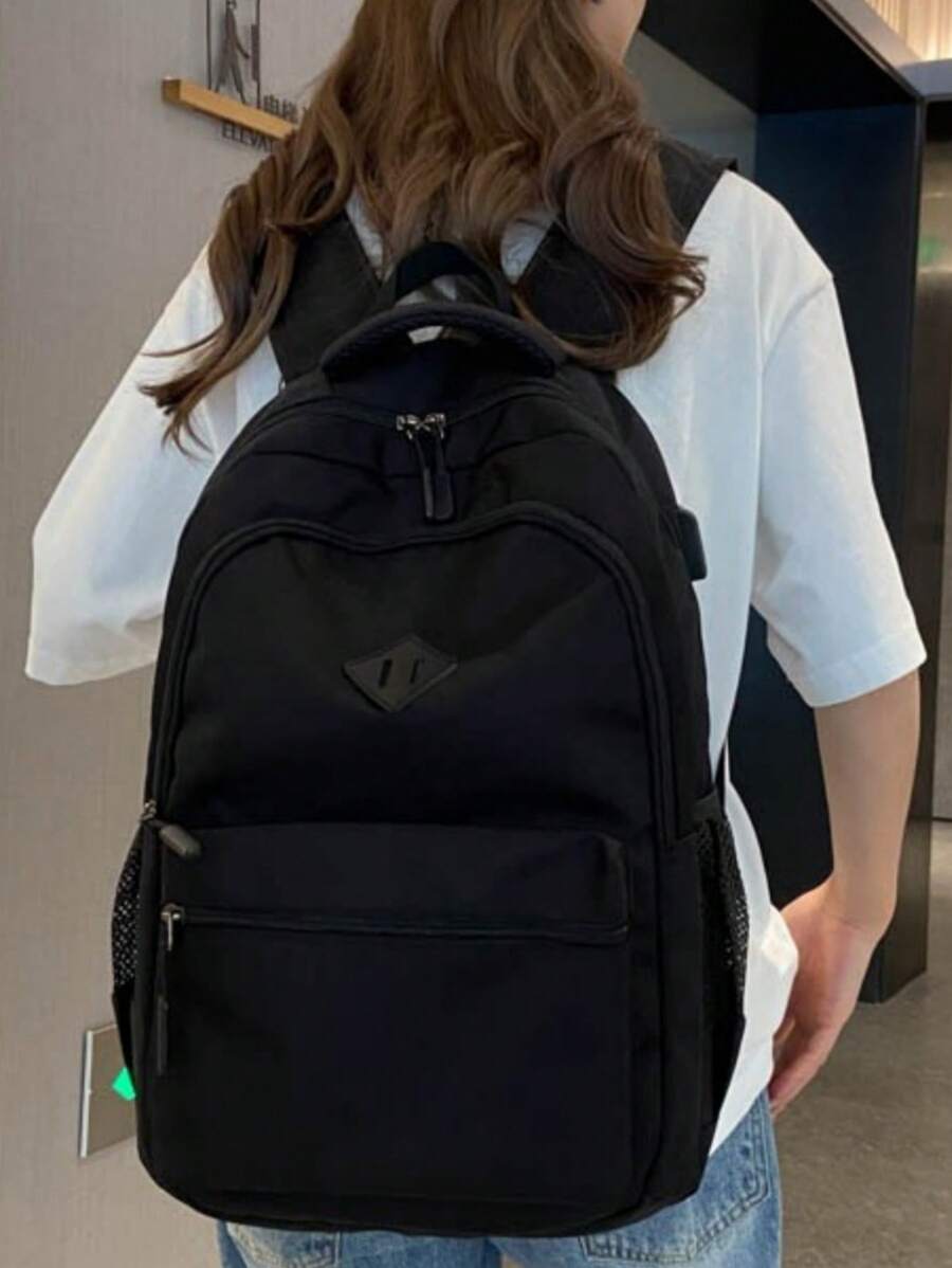 返校新款经典轻便耐用多功能时尚舒适大容量双肩包，适合各种场合，秋冬季 - 黑色 - 查看 1