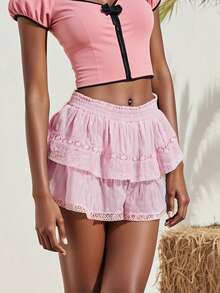 Women Layered Ruffle Shorts Loose Patchwork Lace Solid/Floral Elastic Waist Mini Shorts Casual Summer Streetwear - 粉色 - 查看 10