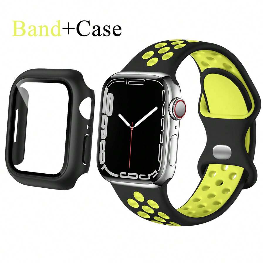 2Pcs/Set Hard PC Bumper Case With Screen Protector, Scratch Resistant Protective Frame Edge And Sport Silicone Band Compatible With Apple Watch Band 38mm 40mm 41mm 42mm 44mm 45mm 46mm 49mm Women Men,Soft Wristband Waterproof Replacement Sport Strap Compatible With Apple Watch Band Series Ultra 11 10 9 8 7 6 5 4 3 2 1 SE - Black Yellow/black - View 1