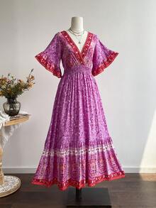 Rusttydustty 女士蓝色印花交叉V领喇叭袖连衣裙，波西米亚音乐节海滩装扮，热带度假风 - 粉色 - 查看 2