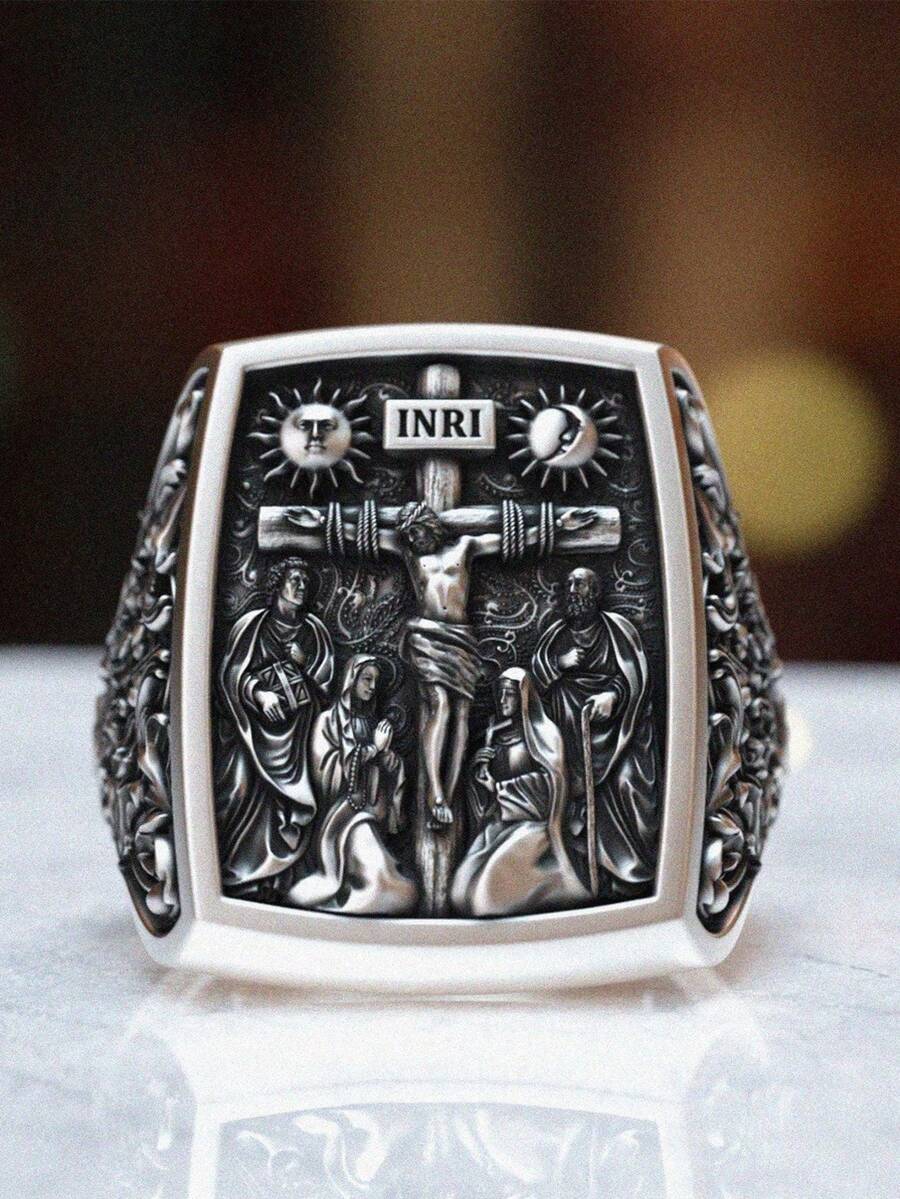 1pc Men's Cross & Jesus Prayer Ring - Antique Silver - View 1