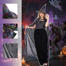 Set de 2 piezas de capa negra y sombrero puntiagudo con estampado de telaraña de colores, conjunto de disfraz de bruja para Halloween, con capa interior intercambiable, disfraz para fiesta de magia y cosplay