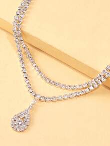 1件时尚水滴吊坠双层腰链，镶嵌水钻简约性感金属身体链，适合女性，派对造型 - 銀色 - 查看 6