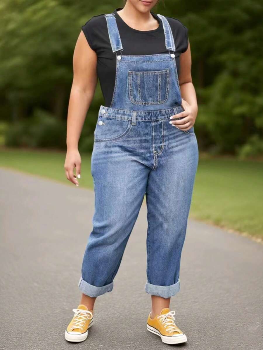 大码欧美复古宽松直筒工装牛仔裤（带围兜）