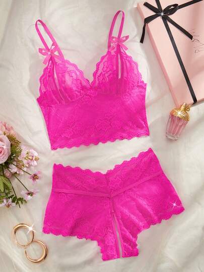 Valentine's Day Surprise Gift Seductive Floral Lace Sexy Lingerie-Sheer Bra With Bow Details & Open-Crotch Panties Women's Sexy Underwear Set