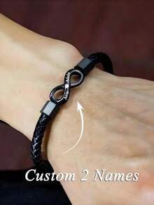 1 Piece Customized Infinity 8 Symbol Men's Bracelet Personalized Woven Leather Magnetic Bracelet, Personalized Engraved Name, Text, Couple's Name, Simple Bracelet, Silvery Golden Black Three Colors Infinity Symbol Bracelet,Bangle Valentine's Day Gift, Friendship Gift,Birthday Gift For Husband Dad,Jewelry & Watches,Season Picks,Elegant Outfit - Black - View 2
