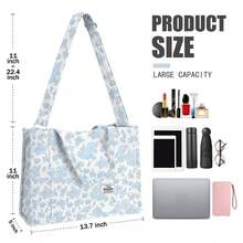 Corduroy Handbag, Square Casual Bag, Stylish Commuting Bag With Large Pocket, Women Shoulder Bags Work Handbags Everyday Hobo Bag(Blue Flowers) - 藍花 - 查看 2