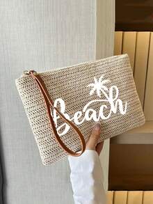 1PC Letter Print Straw Woven Casual Clutch Bag, Braided Single Small Wallet, Vintage Straw Woven Handbags, Boho Style Summer Beach Bag, Minimalist Straw Bag, Women's Braided Tote Bag For Travel Picnic, Perfect For Summer Beach Travel Vacation, For Outdoor, Holiday, Women's Zipper Handbags For College, Middle School, High School, Back To School, Travel, Outdoors For Teen Girls, For School Student, For Teenagers Vintage Soft - Khaki - View 8